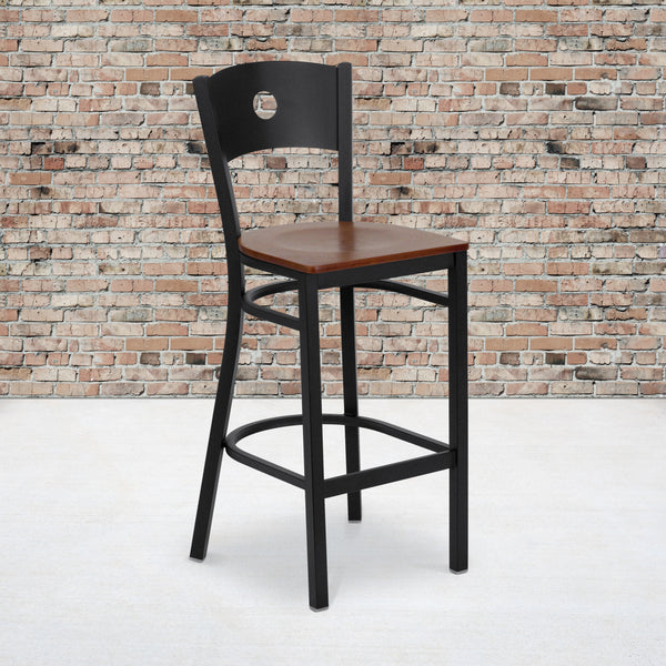 SINGLEWAVE Series Black Circle Back Metal Restaurant Barstool - Cherry Wood Seat