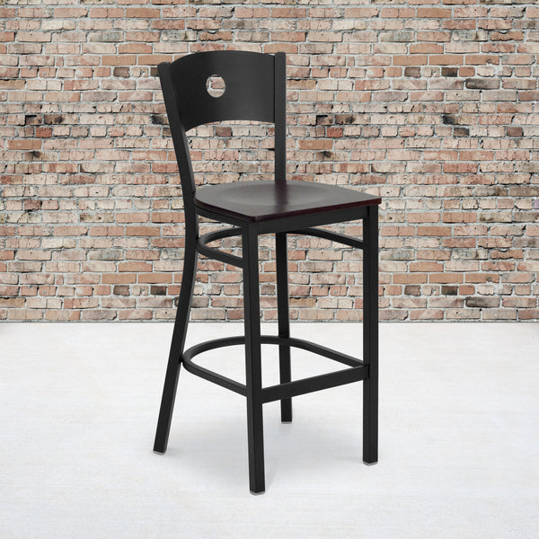 SINGLEWAVE Series Black Circle Back Metal Restaurant Barstool - Mahogany Wood Seat