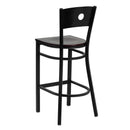 SINGLEWAVE Series Black Circle Back Metal Restaurant Barstool - Mahogany Wood Seat