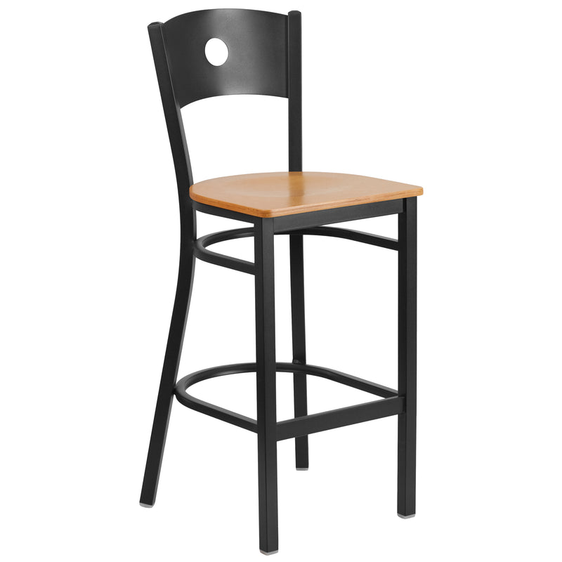 SINGLEWAVE Series Black Circle Back Metal Restaurant Barstool - Natural Wood Seat