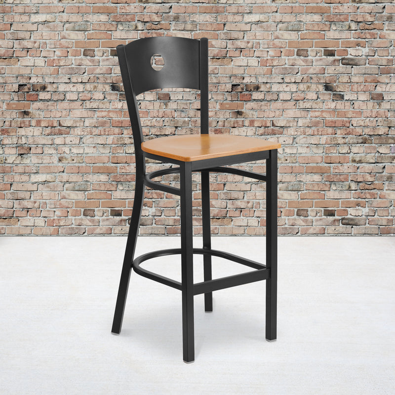 SINGLEWAVE Series Black Circle Back Metal Restaurant Barstool - Natural Wood Seat