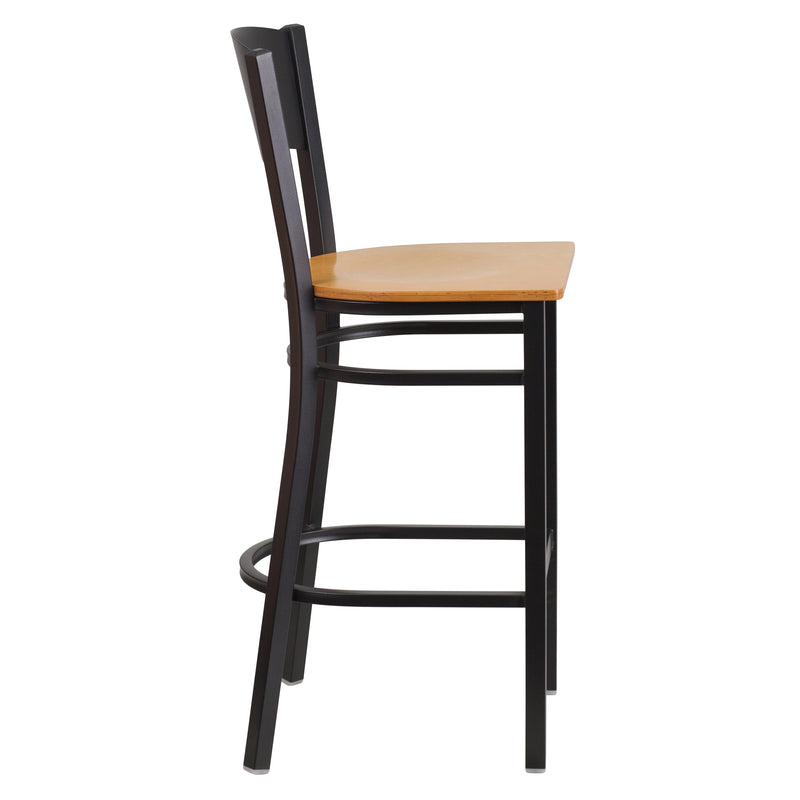 SINGLEWAVE Series Black Circle Back Metal Restaurant Barstool - Natural Wood Seat