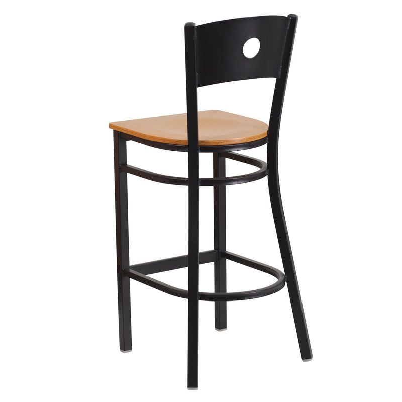 SINGLEWAVE Series Black Circle Back Metal Restaurant Barstool - Natural Wood Seat