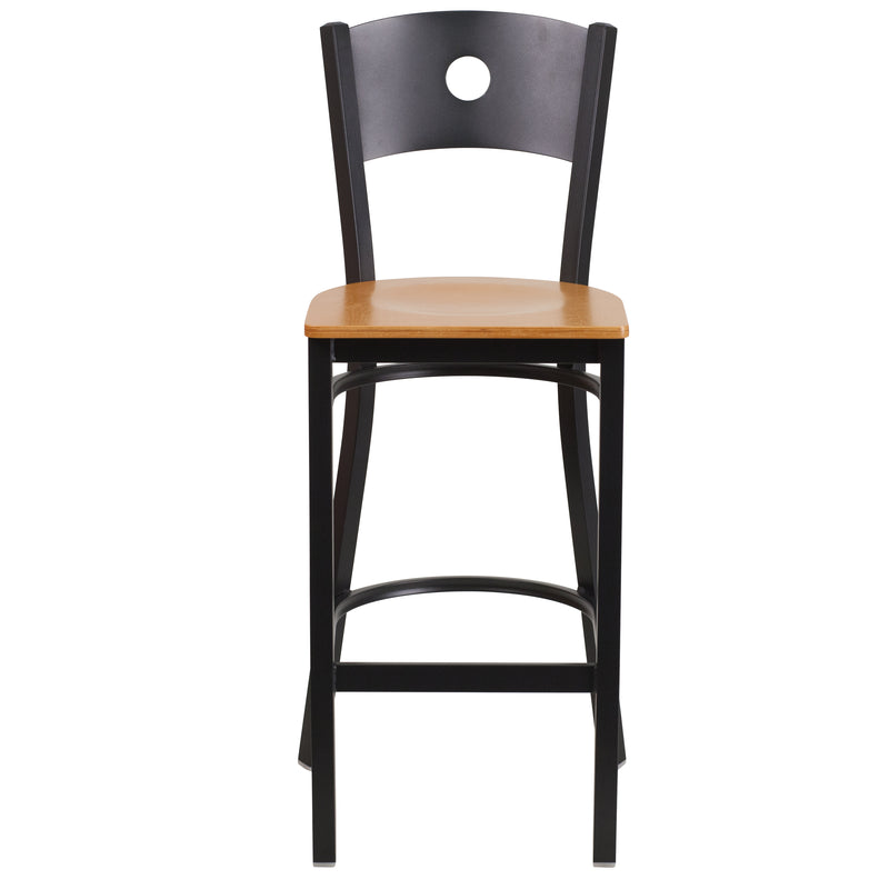 SINGLEWAVE Series Black Circle Back Metal Restaurant Barstool - Natural Wood Seat