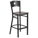 SINGLEWAVE Series Black Circle Back Metal Restaurant Barstool - Walnut Wood Seat