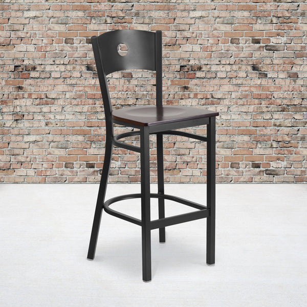 SINGLEWAVE Series Black Circle Back Metal Restaurant Barstool - Walnut Wood Seat