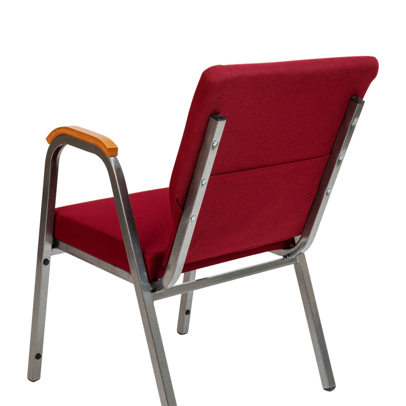 SINGLEWAVE Series 21"W Stacking Wood Accent Arm Church Chair in Burgundy Fabric - Silver Vein Frame