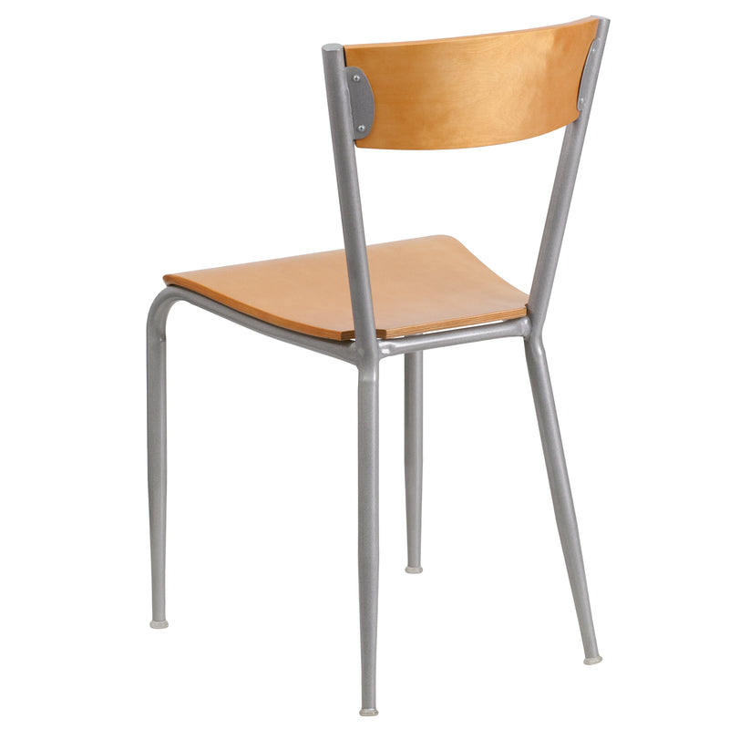 Invincible Series Silver Metal Restaurant Chair - Natural Wood Back & Seat