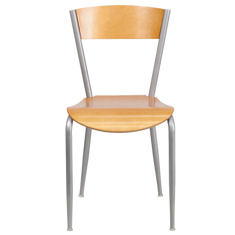 Invincible Series Silver Metal Restaurant Chair - Natural Wood Back & Seat