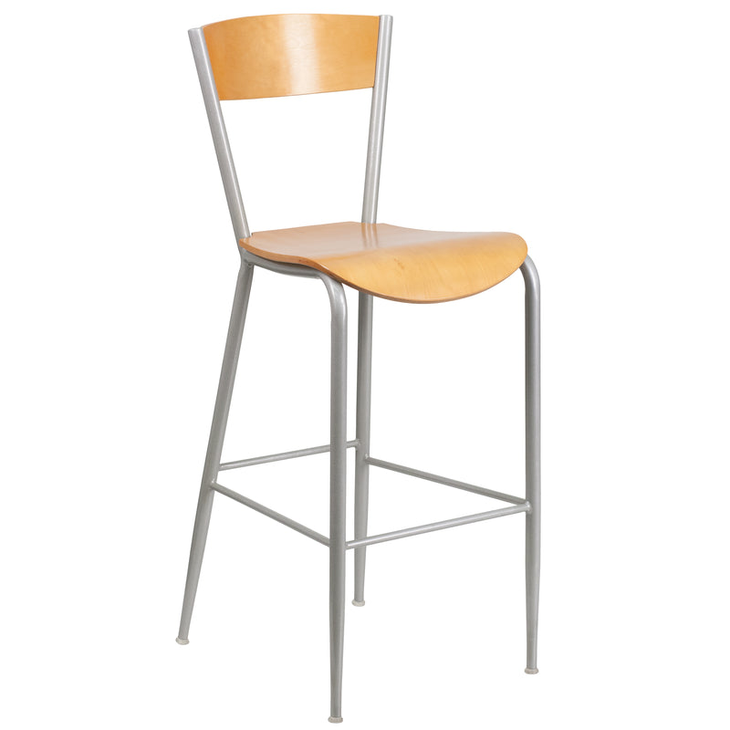 Invincible Series Silver Metal Restaurant Barstool - Natural Wood Back & Seat