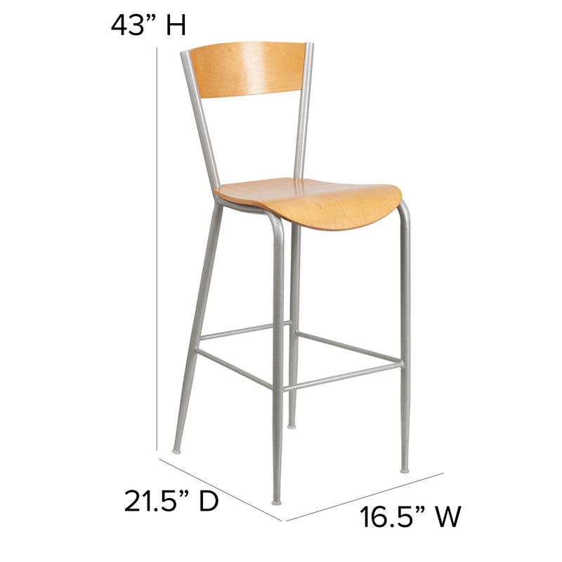 Invincible Series Silver Metal Restaurant Barstool - Natural Wood Back & Seat