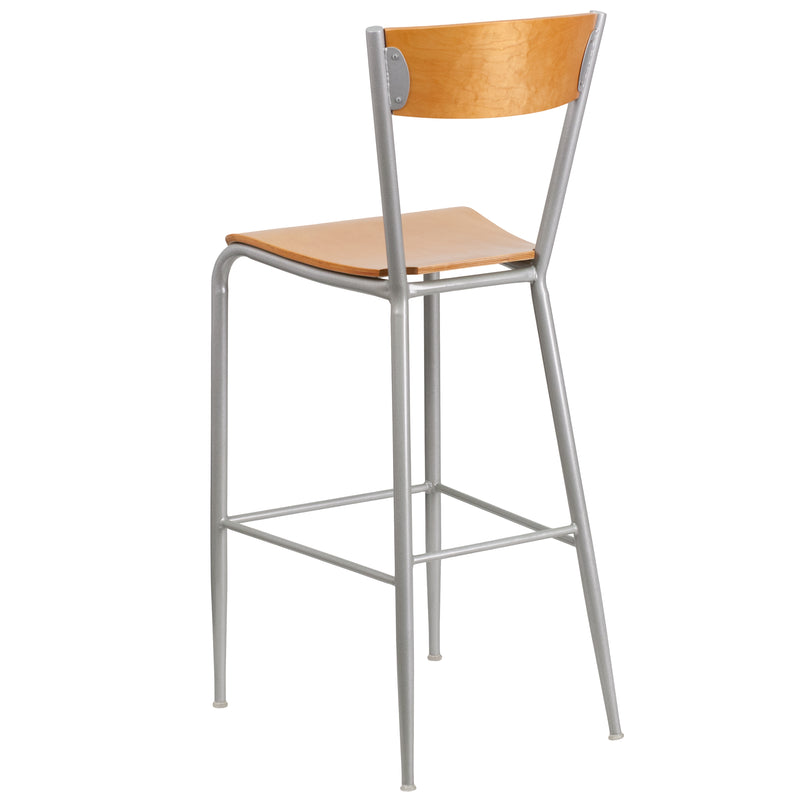 Invincible Series Silver Metal Restaurant Barstool - Natural Wood Back & Seat