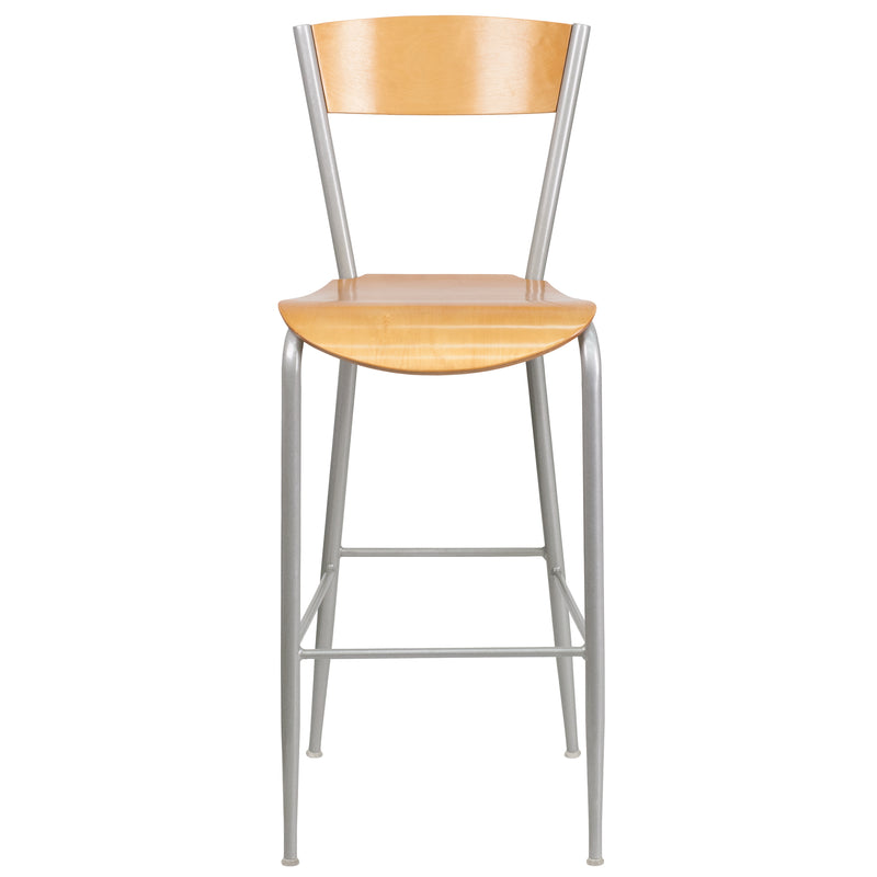 Invincible Series Silver Metal Restaurant Barstool - Natural Wood Back & Seat