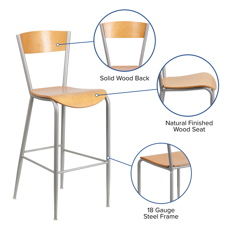 Invincible Series Silver Metal Restaurant Barstool - Natural Wood Back & Seat