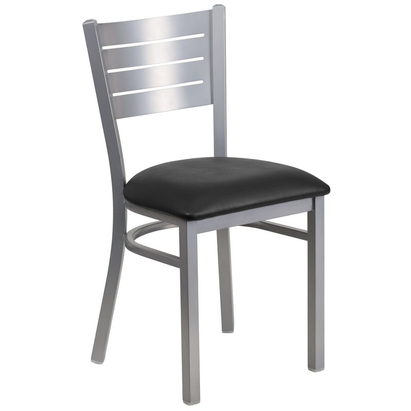 SINGLEWAVE Series Silver Slat Back Metal Restaurant Chair - Black Vinyl Seat