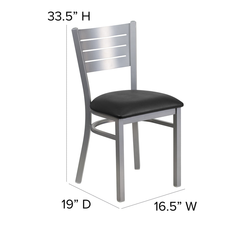 SINGLEWAVE Series Silver Slat Back Metal Restaurant Chair - Black Vinyl Seat