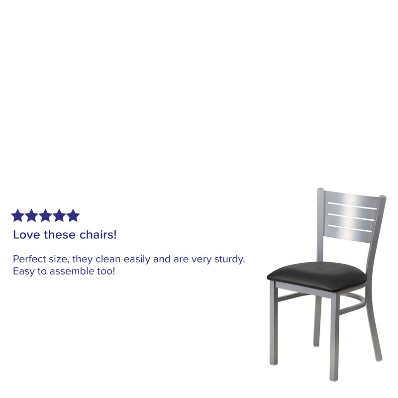 SINGLEWAVE Series Silver Slat Back Metal Restaurant Chair - Black Vinyl Seat