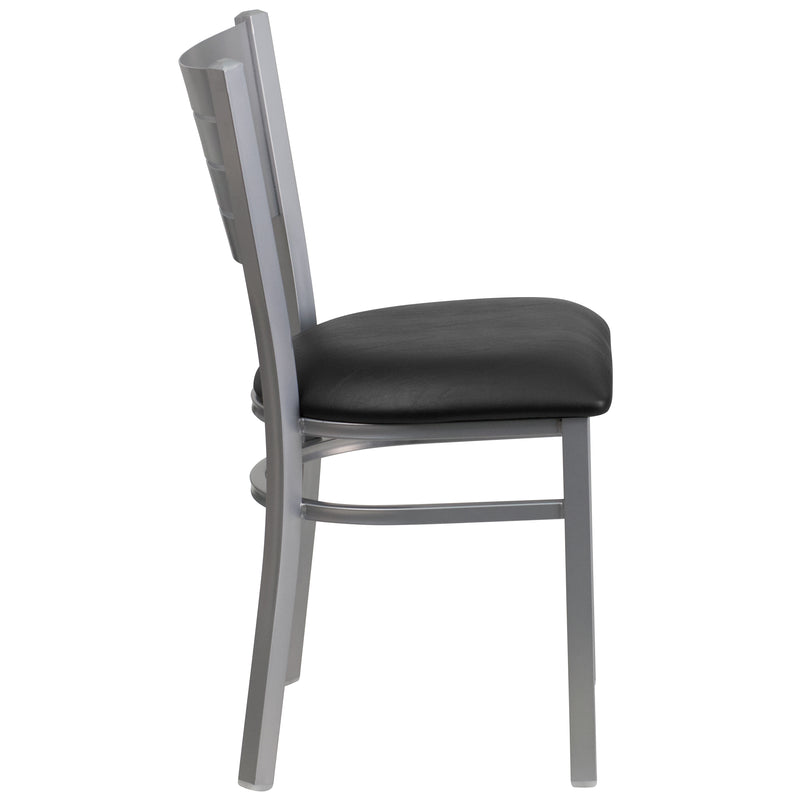 SINGLEWAVE Series Silver Slat Back Metal Restaurant Chair - Black Vinyl Seat