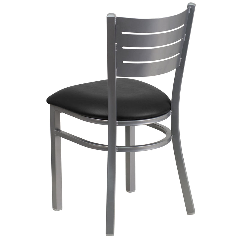 SINGLEWAVE Series Silver Slat Back Metal Restaurant Chair - Black Vinyl Seat