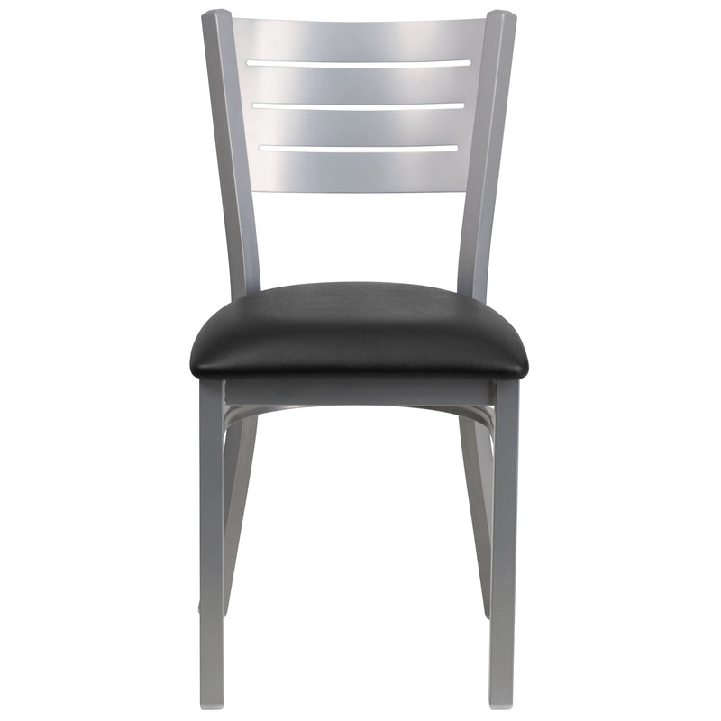 SINGLEWAVE Series Silver Slat Back Metal Restaurant Chair - Black Vinyl Seat