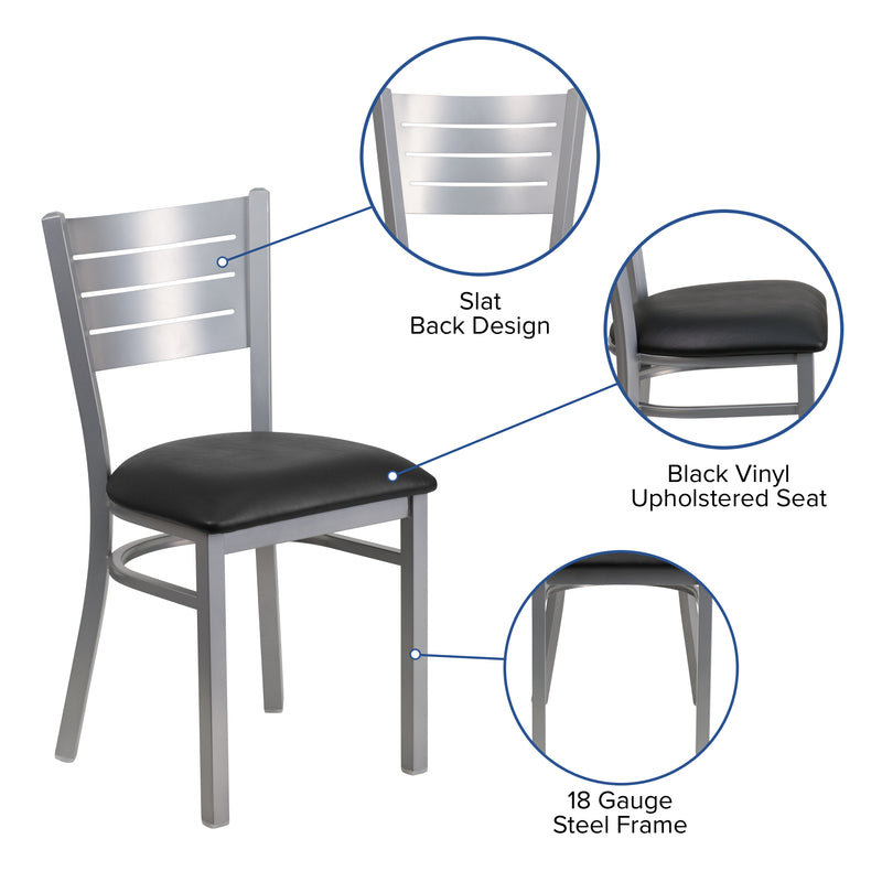 SINGLEWAVE Series Silver Slat Back Metal Restaurant Chair - Black Vinyl Seat