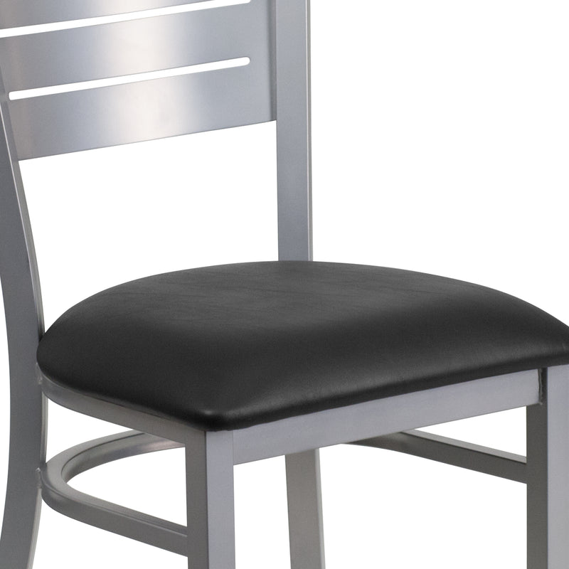 SINGLEWAVE Series Silver Slat Back Metal Restaurant Chair - Black Vinyl Seat