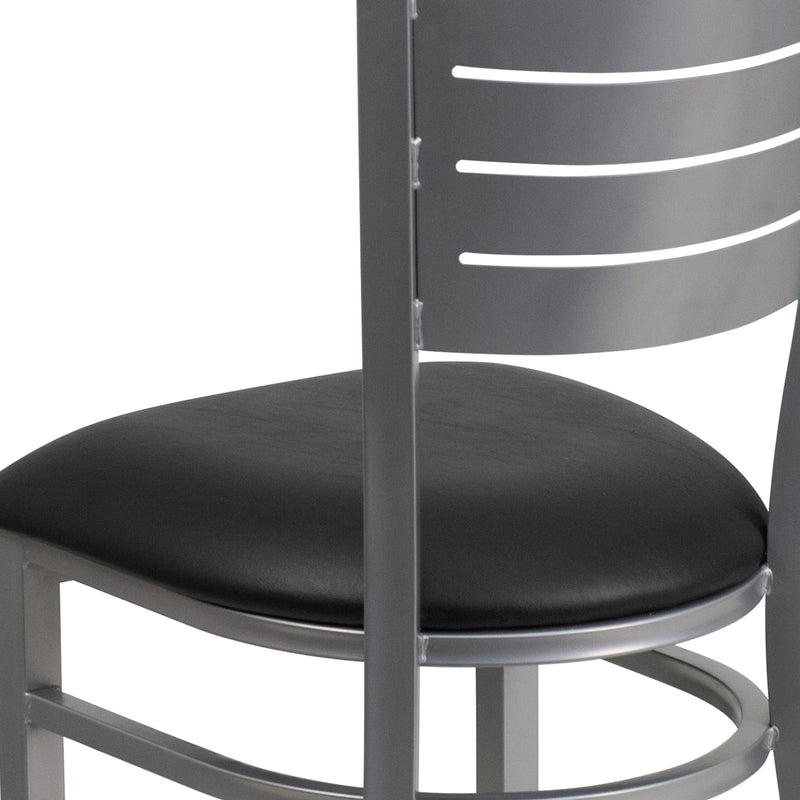 SINGLEWAVE Series Silver Slat Back Metal Restaurant Chair - Black Vinyl Seat