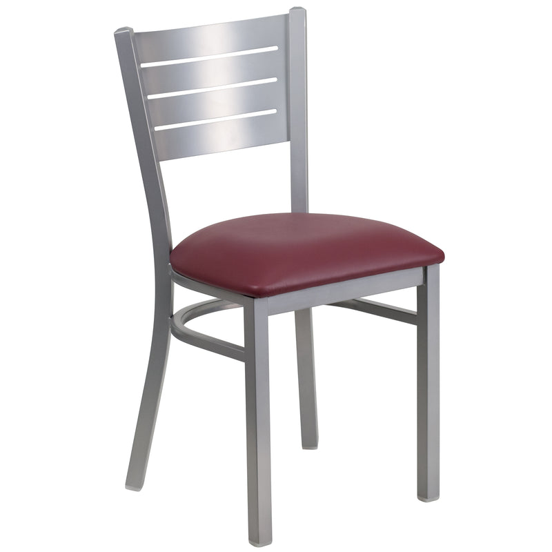 SINGLEWAVE Series Silver Slat Back Metal Restaurant Chair - Burgundy Vinyl Seat