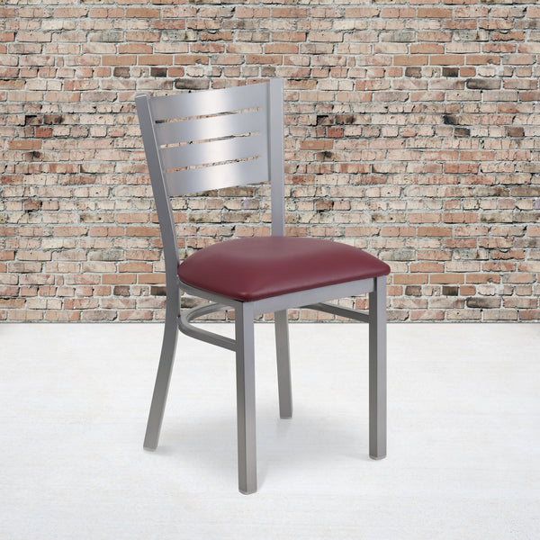SINGLEWAVE Series Silver Slat Back Metal Restaurant Chair - Burgundy Vinyl Seat