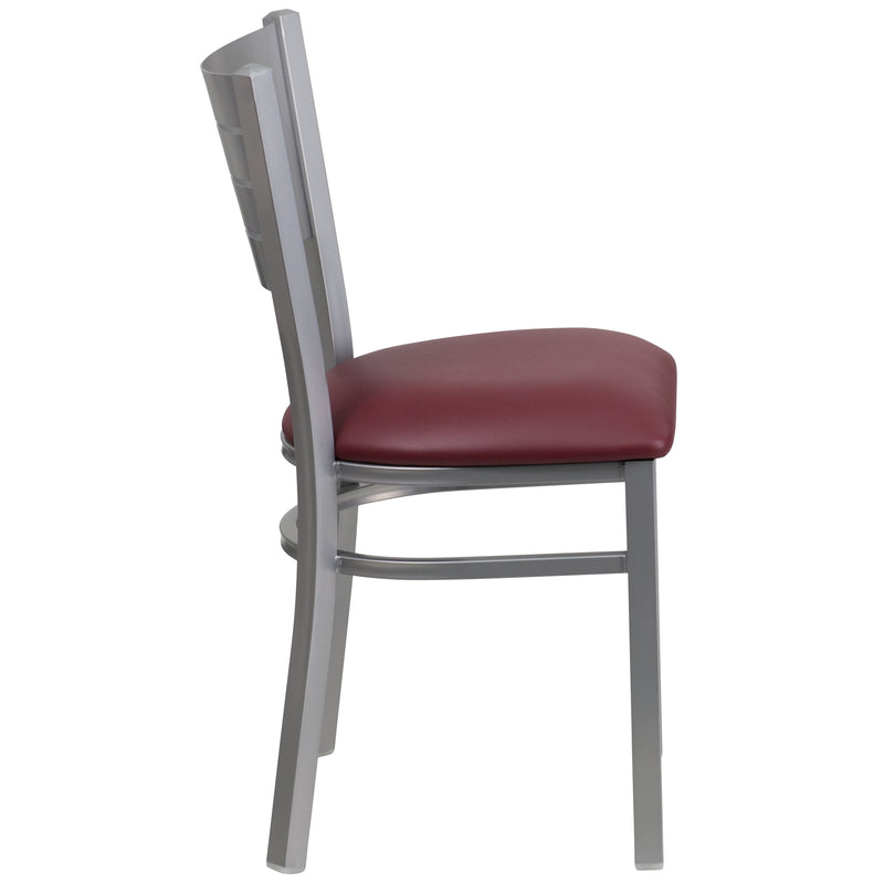 SINGLEWAVE Series Silver Slat Back Metal Restaurant Chair - Burgundy Vinyl Seat