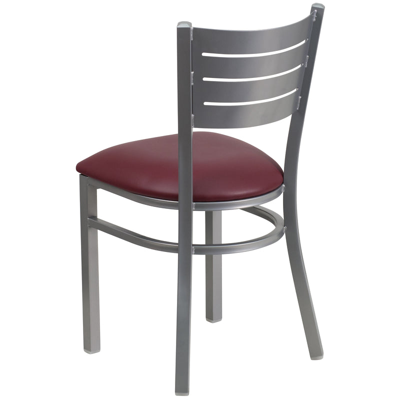 SINGLEWAVE Series Silver Slat Back Metal Restaurant Chair - Burgundy Vinyl Seat