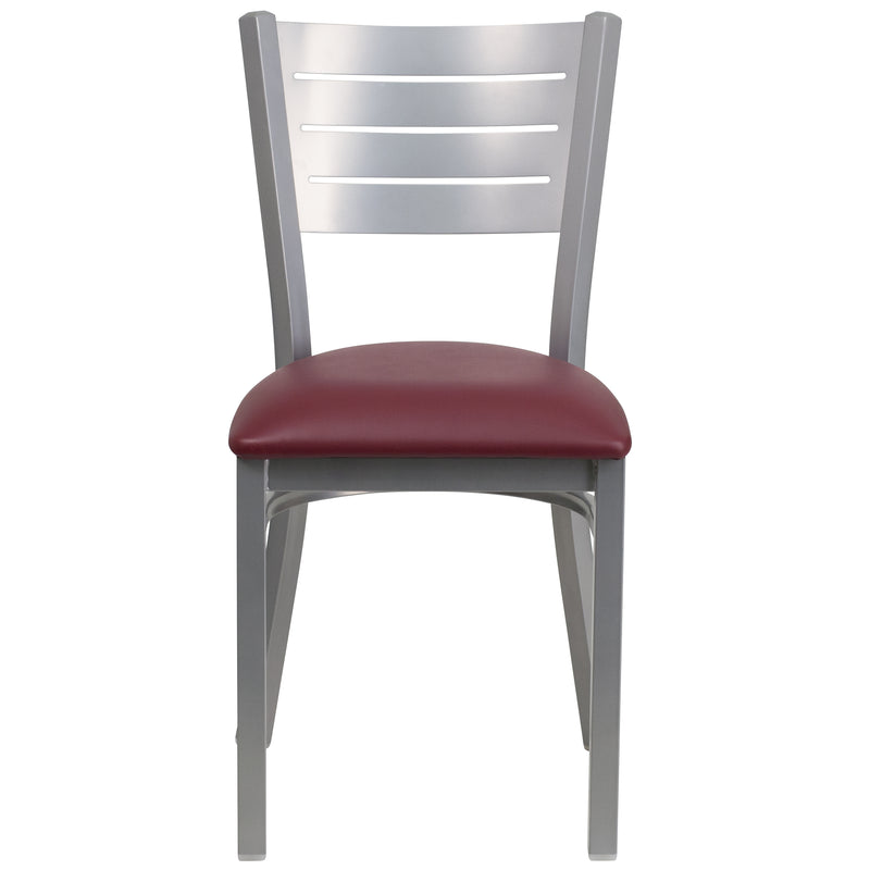 SINGLEWAVE Series Silver Slat Back Metal Restaurant Chair - Burgundy Vinyl Seat