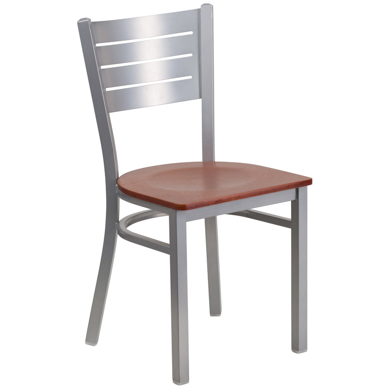 SINGLEWAVE Series Silver Slat Back Metal Restaurant Chair - Cherry Wood Seat