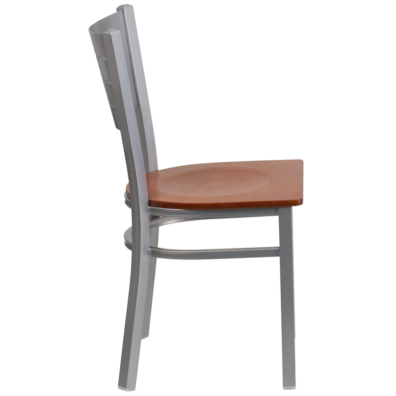 SINGLEWAVE Series Silver Slat Back Metal Restaurant Chair - Cherry Wood Seat