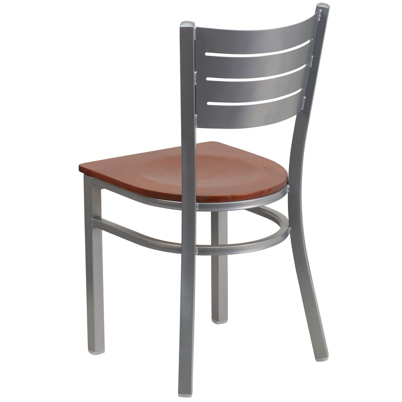 SINGLEWAVE Series Silver Slat Back Metal Restaurant Chair - Cherry Wood Seat