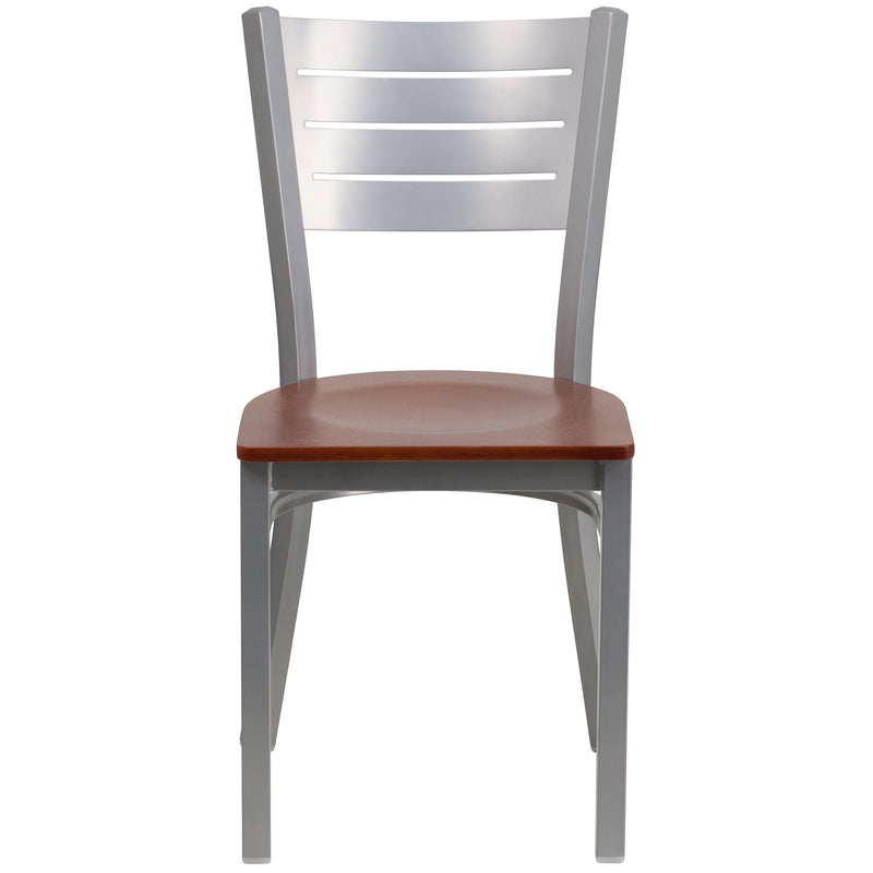 SINGLEWAVE Series Silver Slat Back Metal Restaurant Chair - Cherry Wood Seat