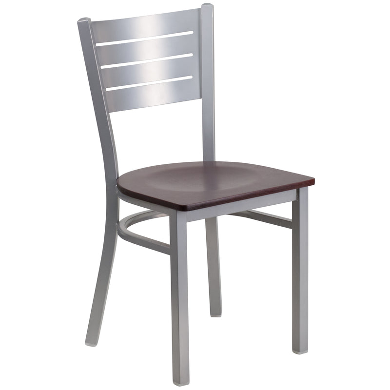 SINGLEWAVE Series Silver Slat Back Metal Restaurant Chair - Mahogany Wood Seat