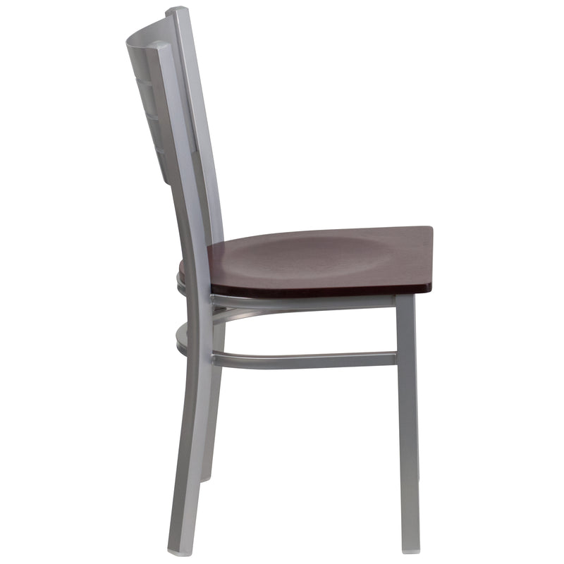 SINGLEWAVE Series Silver Slat Back Metal Restaurant Chair - Mahogany Wood Seat