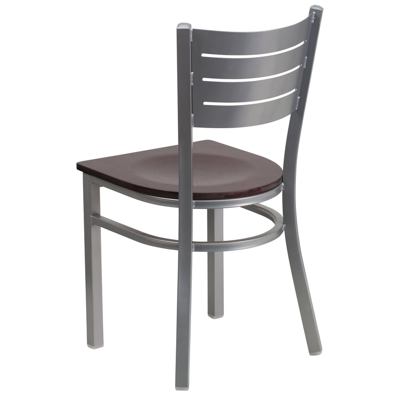 SINGLEWAVE Series Silver Slat Back Metal Restaurant Chair - Mahogany Wood Seat