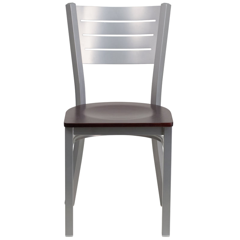 SINGLEWAVE Series Silver Slat Back Metal Restaurant Chair - Mahogany Wood Seat