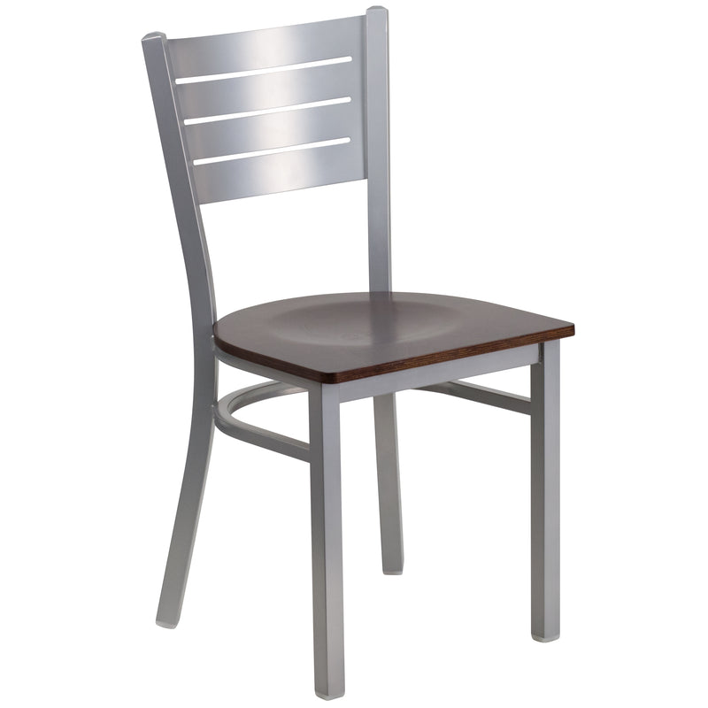 SINGLEWAVE Series Silver Slat Back Metal Restaurant Chair - Walnut Wood Seat