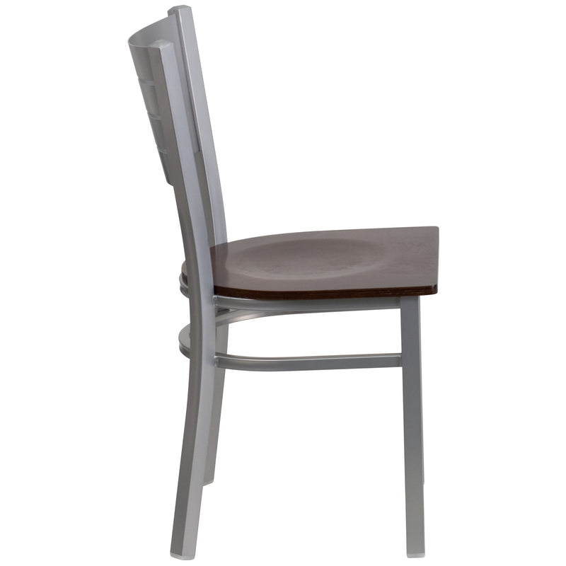 SINGLEWAVE Series Silver Slat Back Metal Restaurant Chair - Walnut Wood Seat