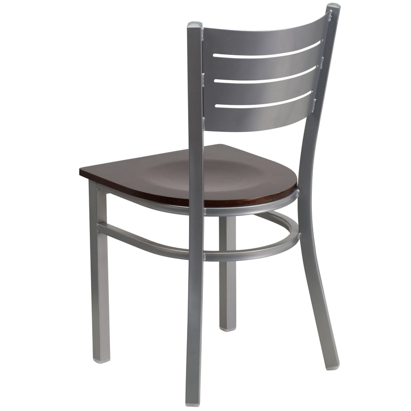 SINGLEWAVE Series Silver Slat Back Metal Restaurant Chair - Walnut Wood Seat