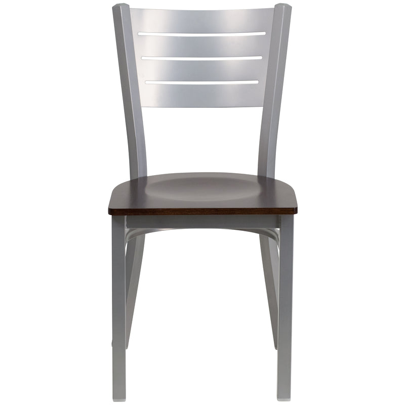 SINGLEWAVE Series Silver Slat Back Metal Restaurant Chair - Walnut Wood Seat