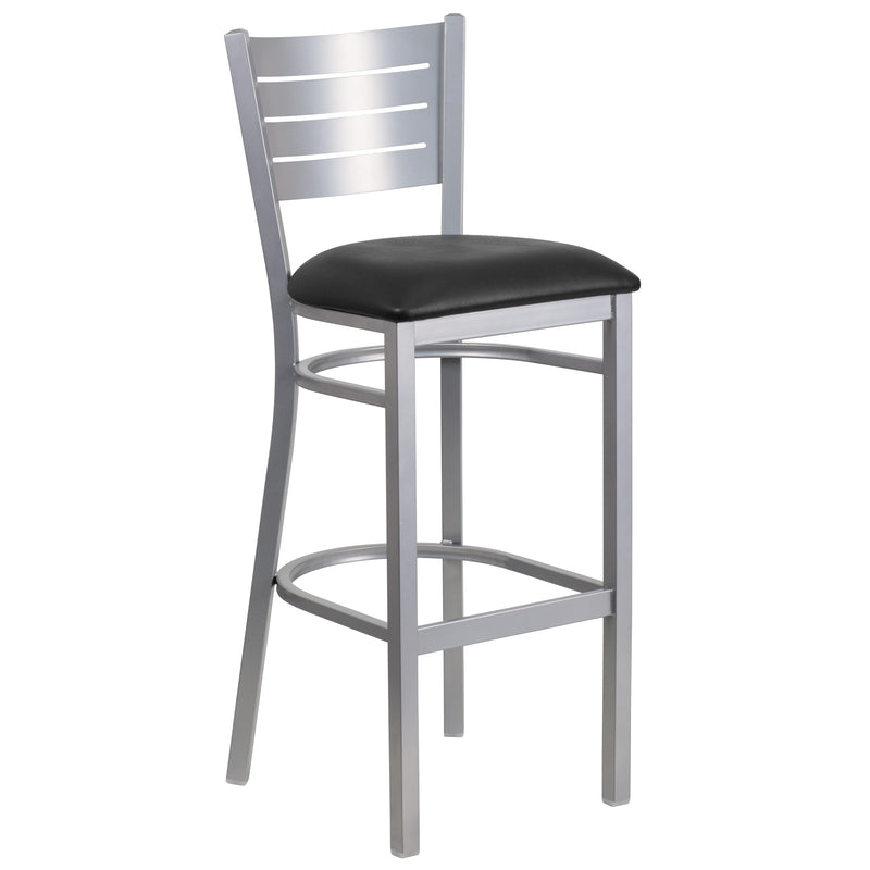 SINGLEWAVE Series Silver Slat Back Metal Restaurant Barstool - Black Vinyl Seat