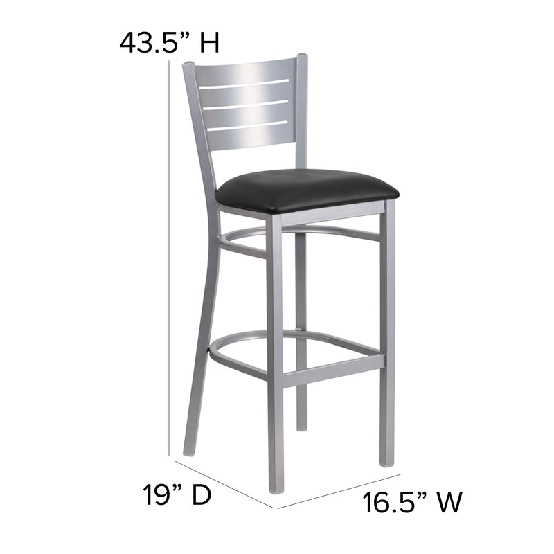 SINGLEWAVE Series Silver Slat Back Metal Restaurant Barstool - Black Vinyl Seat