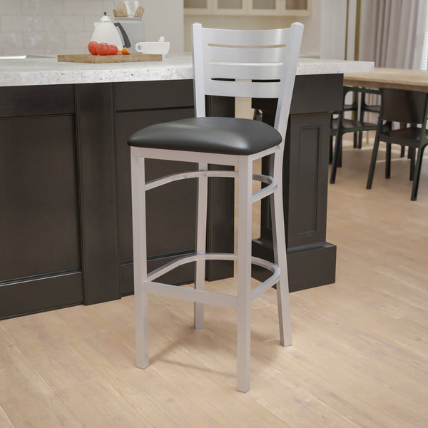 SINGLEWAVE Series Silver Slat Back Metal Restaurant Barstool - Black Vinyl Seat