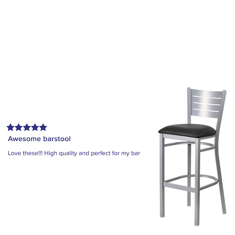 SINGLEWAVE Series Silver Slat Back Metal Restaurant Barstool - Black Vinyl Seat