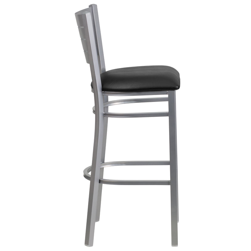 SINGLEWAVE Series Silver Slat Back Metal Restaurant Barstool - Black Vinyl Seat