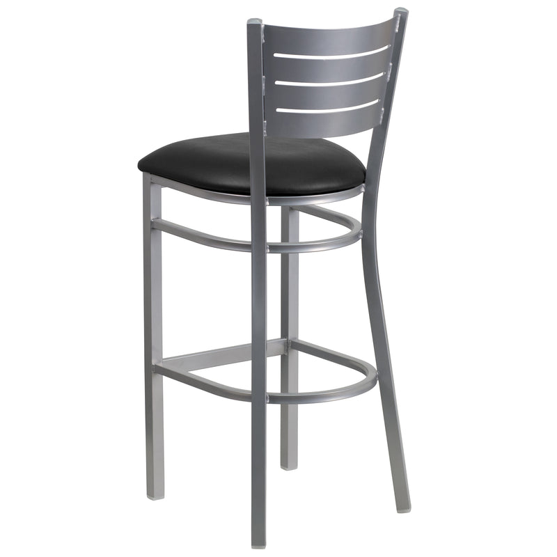 SINGLEWAVE Series Silver Slat Back Metal Restaurant Barstool - Black Vinyl Seat